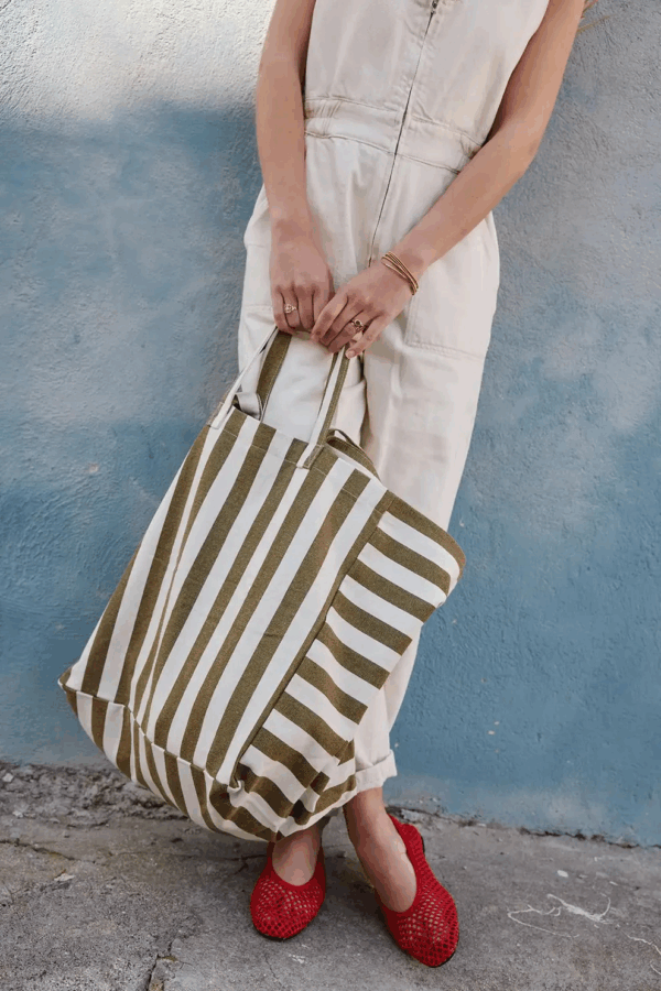 Sac cabas Elisa - Imprimé rayé Olive/Greige – Image 3