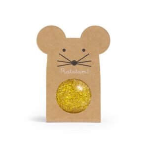 Balle rebondissante dorée Ratatam à paillettes dans sa boîte souris