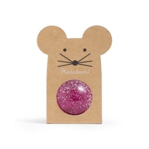Balle rebondissante rose Ratatam à paillettes dans sa boîte souris