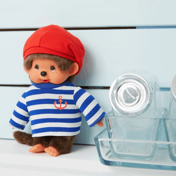 peluche Monchhichi garçon marin 20 cm marinière et béret rouge