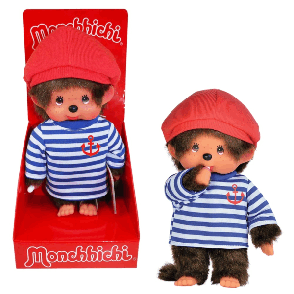 peluche Monchhichi garçon marin 20 cm marinière et béret rouge