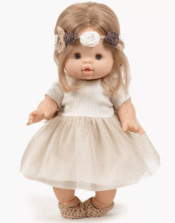 alt="Robe tutu pour poupée dorée Minikane"