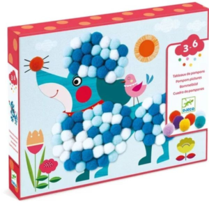 Collage pompons enfant Djeco avec tableaux chiens et pompons