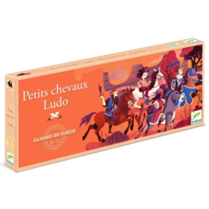 Jeu petits chevaux ludo Djeco avec plateau illustré et pions colorés
