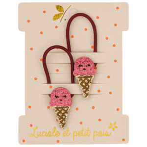 Élastiques cheveux framboise Luciole et Petit Pois en forme de glace pailletée