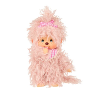 Peluche Monchhichi Fluffy Girl rose avec nœud décoratif