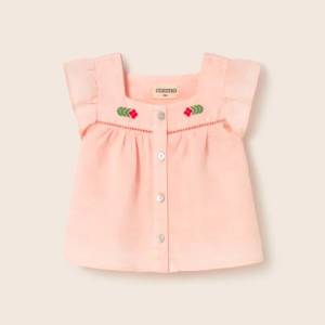 Blouse bébé coton-lin VIVI Cloud Pink Cozmo avec manches volantées et broderies délicates