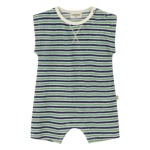 Combi-short bébé éponge COREY rayé bleu et vert Cozmo avec boutons pression et détail brodé