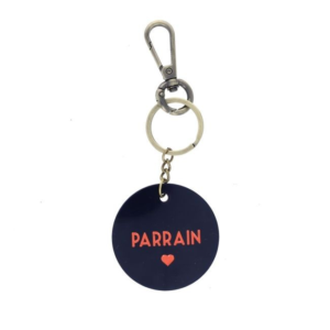 Porte-clés rond parrain bleu nuit en résine avec inscription rouge
