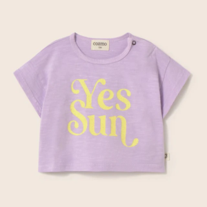 T-shirt bébé coton AURA Lavender Cozmo avec motif imprimé "Yes Sun"