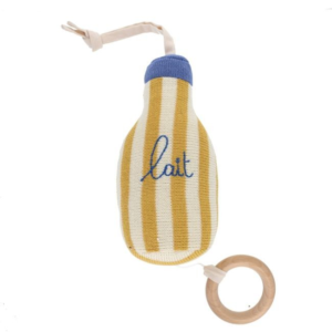peluche musicale bouteille lait bébé Petit Déj en tricot rayé avec anneau en bois