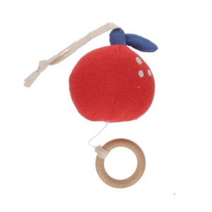 peluche musicale pomme bébé Petit Déj en tricot rouge avec anneau en bois et texture douce