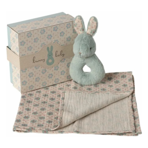 Coffret hochet lapin Maileg avec lange en coton couleur menthe