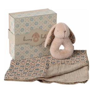 Coffret hochet lapin rose Maileg avec hochet lapin et lange en coton