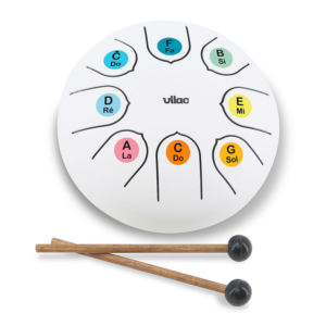 Tongue drum métal Vilac blanc neige avec baguettes et partitions
