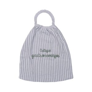 Serviette repas enfant BB&Co rayée vert de gris avec inscription Critique gastronomique