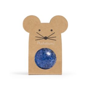 Balle rebondissante pailletée bleue Ratatam dans son emballage souris