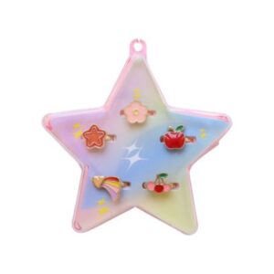 Boîte 5 bagues enfant en forme d’étoile avec bagues fruits et étoiles