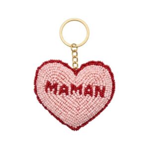 Porte-clés cœur rose maman en perles roses avec inscription rouge