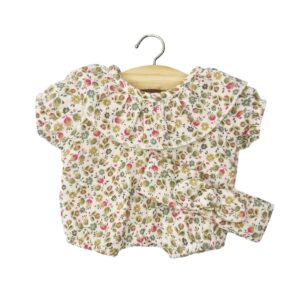 Tenue poupée barboteuse Éva Minikane en gaze de coton petites fleurs fuchsia