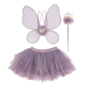 Déguisement fée princesse violet avec jupe en tulle, ailes et baguette dorée